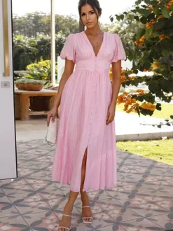 Butter Yellow Sundress Plunge Puff Sleeves Casual Summer Maxi Dress 2026