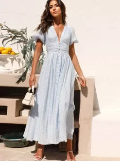 Butter Yellow Sundress Plunge Puff Sleeves Casual Summer Maxi Dress 2026