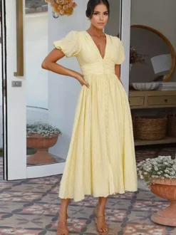 Butter Yellow Sundress Plunge Puff Sleeves Casual Summer Maxi Dress 2026