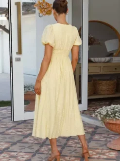 Butter Yellow Sundress Plunge Puff Sleeves Casual Summer Maxi Dress 2026
