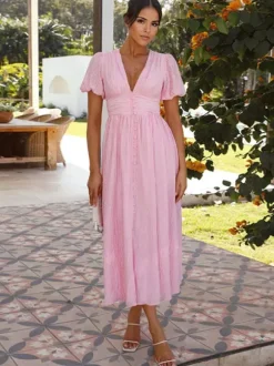 Butter Yellow Sundress Plunge Puff Sleeves Casual Summer Maxi Dress 2026