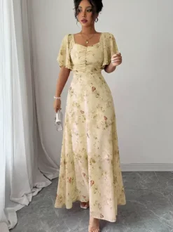 Butterfly Print Women's Chiffon Maxi Dress - Ruched Bust Flutter Sleeve Date Night Dress - Summer Garden Wedding Guest 2026
