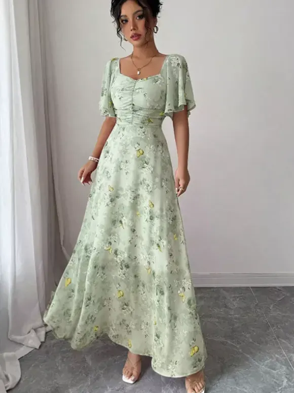Butterfly Print Women's Chiffon Maxi Dress - Ruched Bust Flutter Sleeve Date Night Dress - Summer Garden Wedding Guest 2026