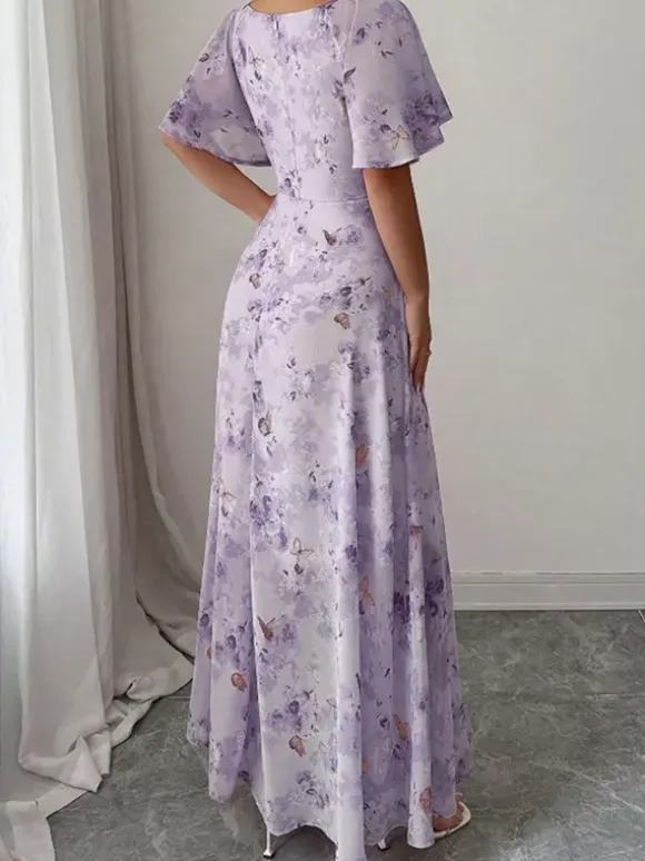 Butterfly Print Women's Chiffon Maxi Dress - Ruched Bust Flutter Sleeve Date Night Dress - Summer Garden Wedding Guest 2026