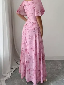 Butterfly Print Women's Chiffon Maxi Dress - Ruched Bust Flutter Sleeve Date Night Dress - Summer Garden Wedding Guest 2026