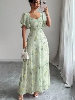 Butterfly Print Women's Chiffon Maxi Dress - Ruched Bust Flutter Sleeve Date Night Dress - Summer Garden Wedding Guest 2026