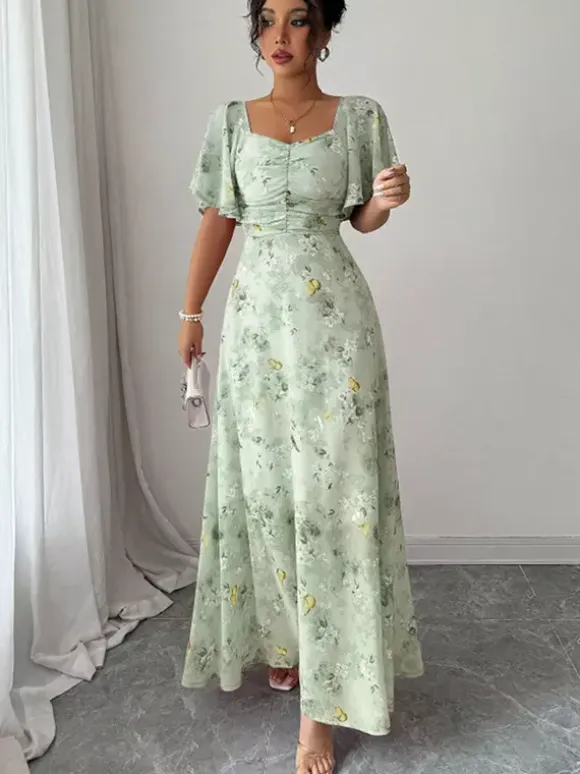 Butterfly Print Women's Chiffon Maxi Dress - Ruched Bust Flutter Sleeve Date Night Dress - Summer Garden Wedding Guest 2026