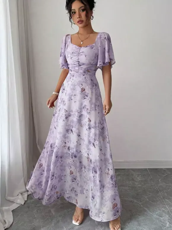 Butterfly Print Women's Chiffon Maxi Dress - Ruched Bust Flutter Sleeve Date Night Dress - Summer Garden Wedding Guest 2026
