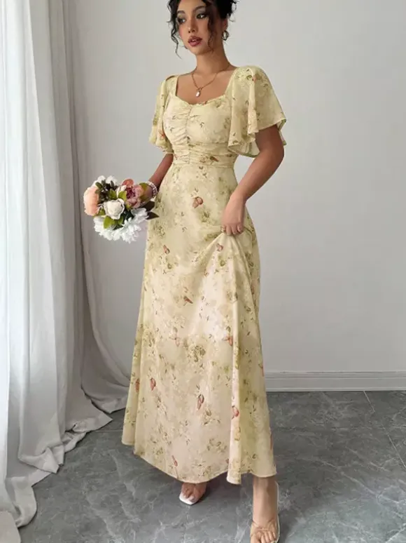 Butterfly Print Women's Chiffon Maxi Dress - Ruched Bust Flutter Sleeve Date Night Dress - Summer Garden Wedding Guest 2026