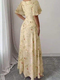 Butterfly Print Women's Chiffon Maxi Dress - Ruched Bust Flutter Sleeve Date Night Dress - Summer Garden Wedding Guest 2026