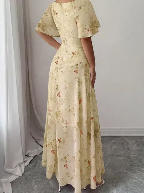 Butterfly Print Women's Chiffon Maxi Dress - Ruched Bust Flutter Sleeve Date Night Dress - Summer Garden Wedding Guest 2026