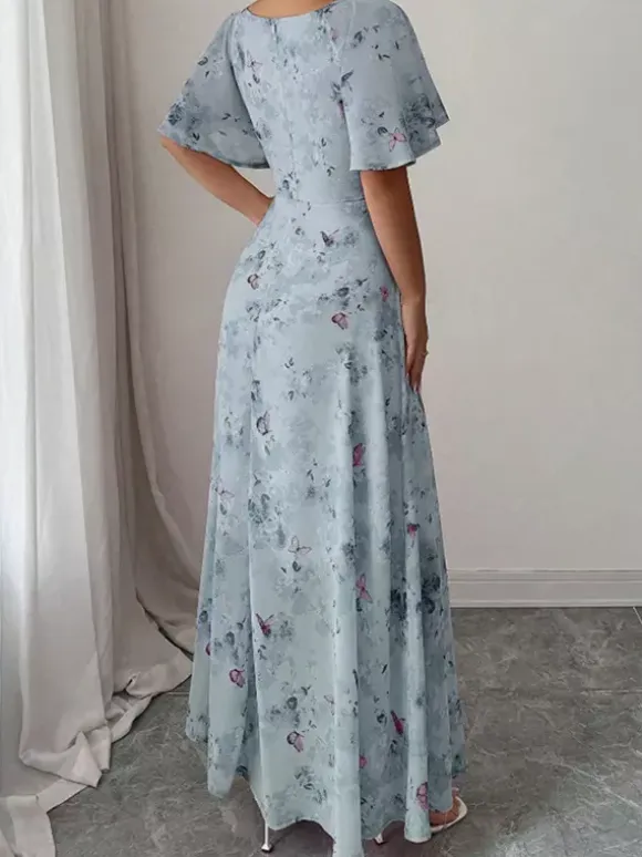 Butterfly Print Women's Chiffon Maxi Dress - Ruched Bust Flutter Sleeve Date Night Dress - Summer Garden Wedding Guest 2026