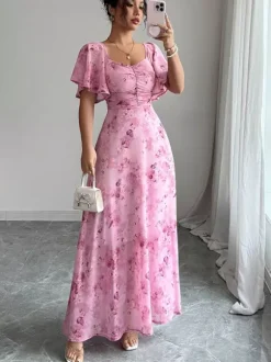 Butterfly Print Women's Chiffon Maxi Dress - Ruched Bust Flutter Sleeve Date Night Dress - Summer Garden Wedding Guest 2026