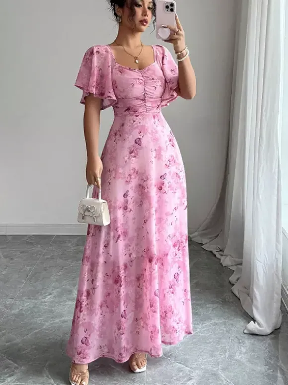 Butterfly Print Women's Chiffon Maxi Dress - Ruched Bust Flutter Sleeve Date Night Dress - Summer Garden Wedding Guest 2026
