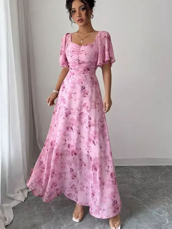 Butterfly Print Women's Chiffon Maxi Dress - Ruched Bust Flutter Sleeve Date Night Dress - Summer Garden Wedding Guest 2026
