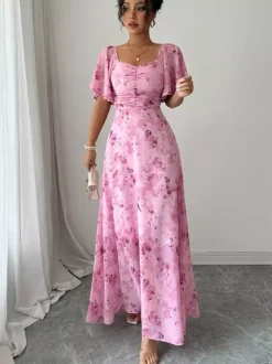 Butterfly Print Women's Chiffon Maxi Dress - Ruched Bust Flutter Sleeve Date Night Dress - Summer Garden Wedding Guest 2026