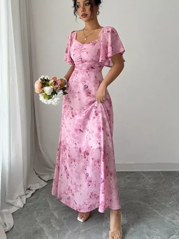 Butterfly Print Women's Chiffon Maxi Dress - Ruched Bust Flutter Sleeve Date Night Dress - Summer Garden Wedding Guest 2026