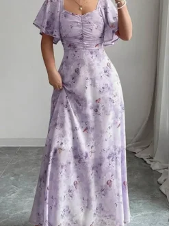 Butterfly Print Women's Chiffon Maxi Dress - Ruched Bust Flutter Sleeve Date Night Dress - Summer Garden Wedding Guest 2026