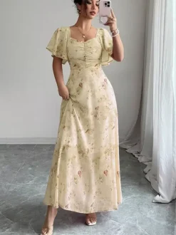 Butterfly Print Women's Chiffon Maxi Dress - Ruched Bust Flutter Sleeve Date Night Dress - Summer Garden Wedding Guest 2026