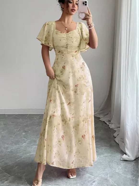 Butterfly Print Women's Chiffon Maxi Dress - Ruched Bust Flutter Sleeve Date Night Dress - Summer Garden Wedding Guest 2026