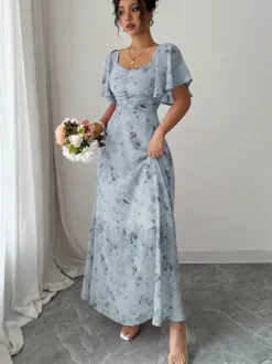 Butterfly Print Women's Chiffon Maxi Dress - Ruched Bust Flutter Sleeve Date Night Dress - Summer Garden Wedding Guest 2026