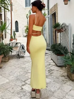 Butter Yellow Bodycon Dresses Spaghetti Strap Fitted Party Prom Bodycon Maxi Dresses