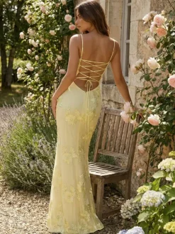 Butter Yellow Floral Embroidery Spaghetti Straps Sheath Long Prom Dresses For Women 2026