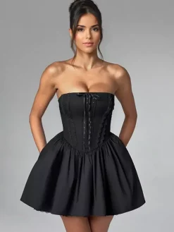 Butter Yellow Sleeveless Lace-Trimmed Mini Corset Dress With Lace-up Back 2026