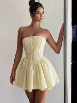 Butter Yellow Sleeveless Lace-Trimmed Mini Corset Dress With Lace-up Back 2026