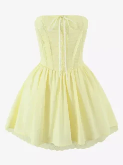 Butter Yellow Sleeveless Lace-Trimmed Mini Corset Dress With Lace-up Back 2026
