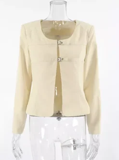 Butter Yellow Women's Cropped Blazer - Elegant Buckle Front Round Neck Jacket - Slim Fit Date Night Outfits 2026