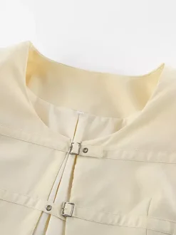 Butter Yellow Women's Cropped Blazer - Elegant Buckle Front Round Neck Jacket - Slim Fit Date Night Outfits 2026