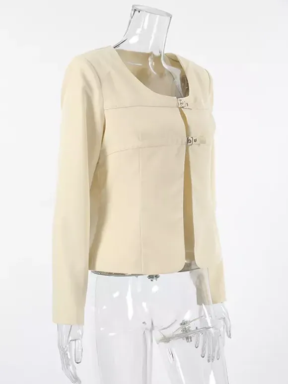 Butter Yellow Women's Cropped Blazer - Elegant Buckle Front Round Neck Jacket - Slim Fit Date Night Outfits 2026
