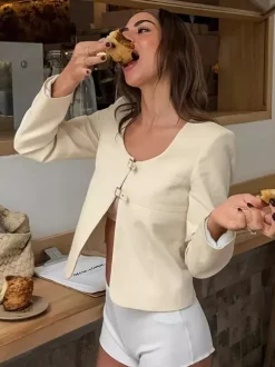 Butter Yellow Women's Cropped Blazer - Elegant Buckle Front Round Neck Jacket - Slim Fit Date Night Outfits 2026