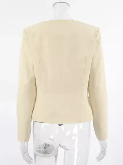 Butter Yellow Women's Cropped Blazer - Elegant Buckle Front Round Neck Jacket - Slim Fit Date Night Outfits 2026