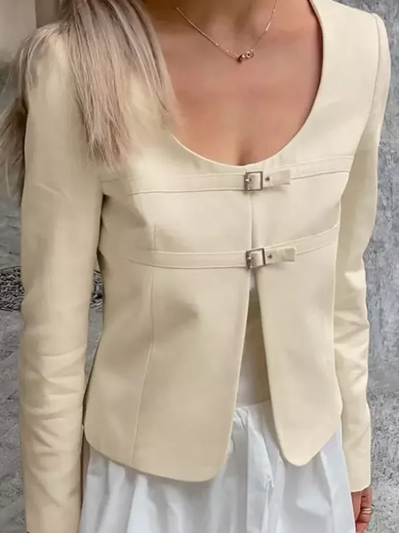 Butter Yellow Women's Cropped Blazer - Elegant Buckle Front Round Neck Jacket - Slim Fit Date Night Outfits 2026
