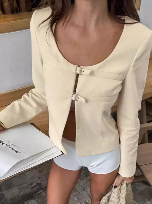Butter Yellow Women's Cropped Blazer - Elegant Buckle Front Round Neck Jacket - Slim Fit Date Night Outfits 2026