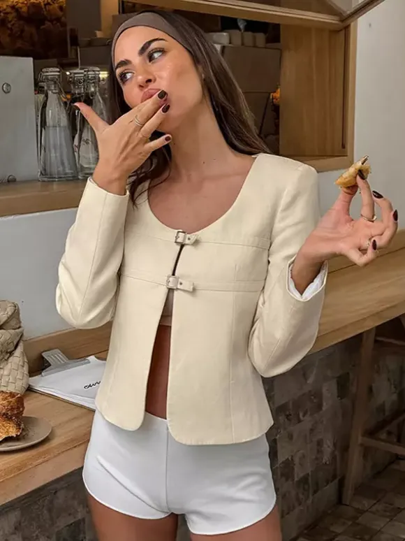 Butter Yellow Women's Cropped Blazer - Elegant Buckle Front Round Neck Jacket - Slim Fit Date Night Outfits 2026