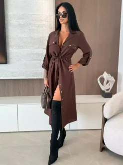 Button Up Drawstring Waist Midi Shirt Dress For Women 2026