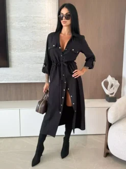 Button Up Drawstring Waist Midi Shirt Dress For Women 2026