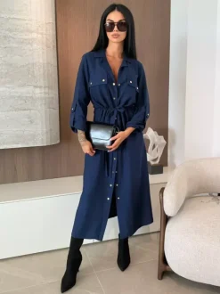 Button Up Drawstring Waist Midi Shirt Dress For Women 2026