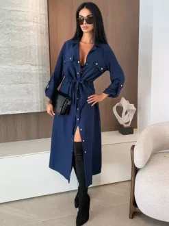 Button Up Drawstring Waist Midi Shirt Dress For Women 2026