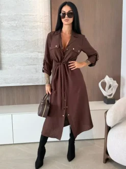 Button Up Drawstring Waist Midi Shirt Dress For Women 2026