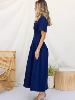 Button Front Denim Long Dress For Women - Dark Blue Boho A-Line Fit And Flare Short Sleeve Jean Dress - Summer Daily Casual 2026