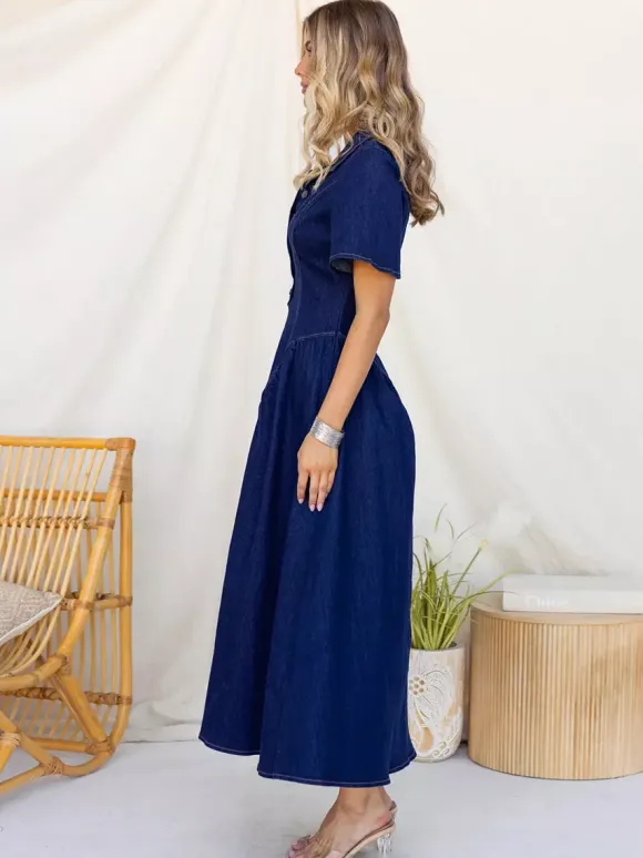 Button Front Denim Long Dress For Women - Dark Blue Boho A-Line Fit And Flare Short Sleeve Jean Dress - Summer Daily Casual 2026