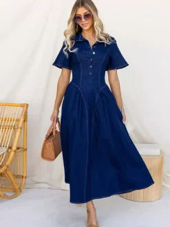 Button Front Denim Long Dress For Women - Dark Blue Boho A-Line Fit And Flare Short Sleeve Jean Dress - Summer Daily Casual 2026