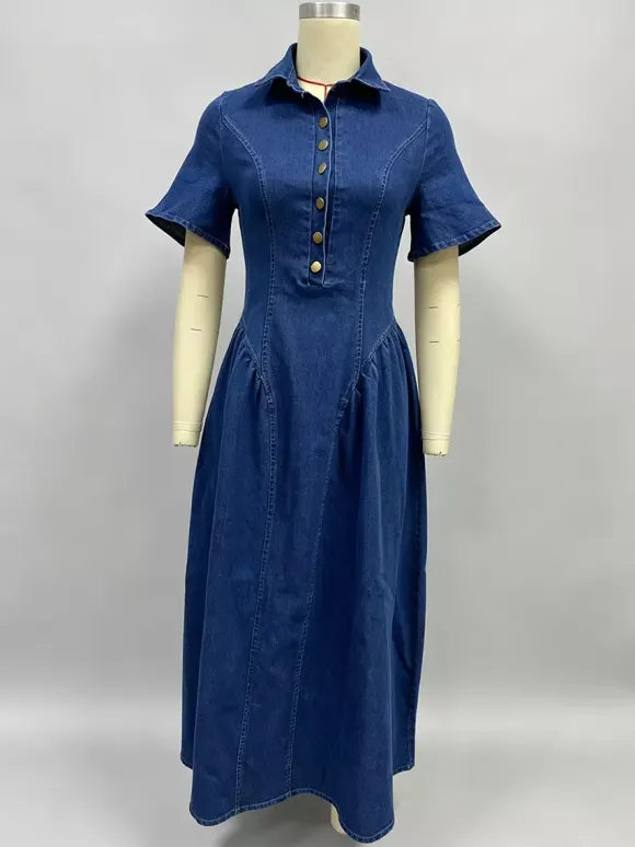 Button Front Denim Long Dress For Women - Dark Blue Boho A-Line Fit And Flare Short Sleeve Jean Dress - Summer Daily Casual 2026