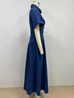 Button Front Denim Long Dress For Women - Dark Blue Boho A-Line Fit And Flare Short Sleeve Jean Dress - Summer Daily Casual 2026