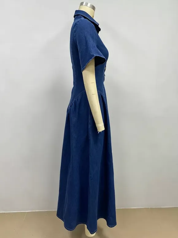 Button Front Denim Long Dress For Women - Dark Blue Boho A-Line Fit And Flare Short Sleeve Jean Dress - Summer Daily Casual 2026