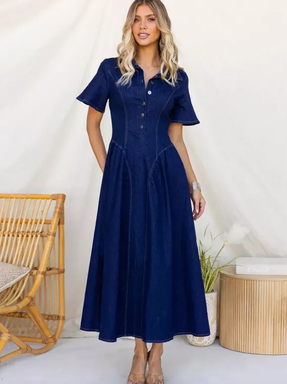 Button Front Denim Long Dress For Women - Dark Blue Boho A-Line Fit And Flare Short Sleeve Jean Dress - Summer Daily Casual 2026